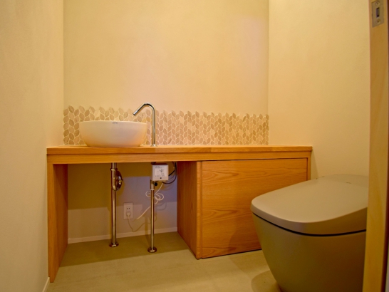 収納と手洗いカウンターを備えたトイレ 有限会社 吉田建築の施工事例 「SE構法」を駆使した大空間とビルトインガレージのあるいえ thumbnail