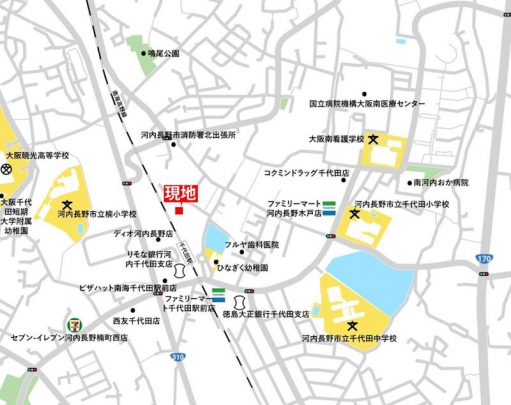 現地案内図。千代田駅徒歩4と忙しい朝が助かる立地。スーパー・教育施設も近く生活にゆとりがでます。