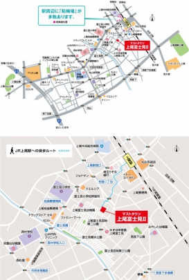 現地案内図　JR「上尾」駅へ徒歩8～9分（約620～690ｍ）。駅前の商業施設でお買い物もしやすいです。