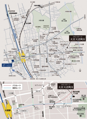 ＜案内図＞東日本の玄関口ビッグターミナル「大宮」駅へ徒歩圏のまち。
●「大宮」駅まで徒歩21分（約1,650m〜約1,680m）