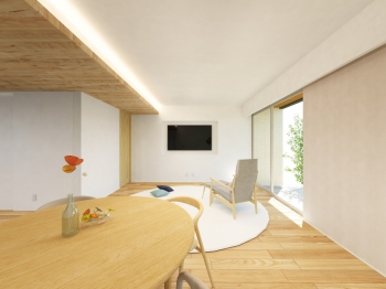 【No.9】LD完成予想内観パース

住まいながら、自由に家具配置していただける余白のある空間。洗練された空間に床や天井の木目で温もりを与えています。